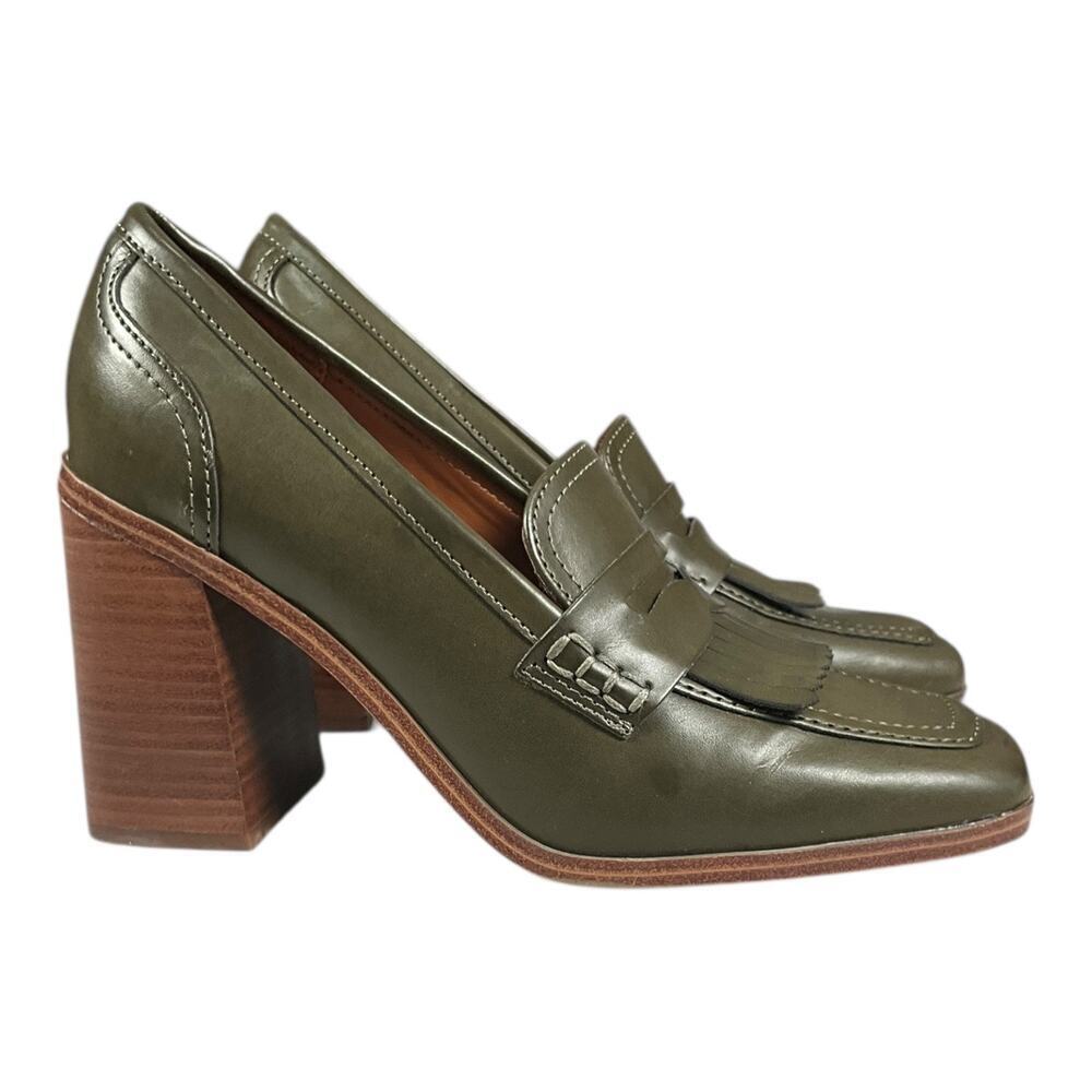 Marc Fisher Olive Green Chunky Heel Loafer Pumps Size 7.5 Fringe Preppy Block